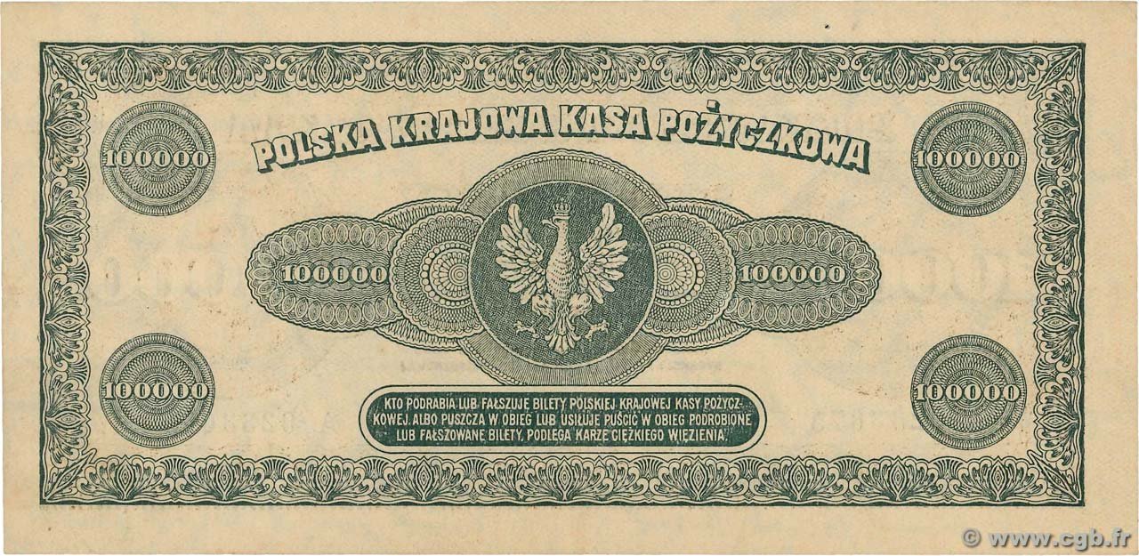 Реверс банкноты 100000 марок (Польша) 1923 года