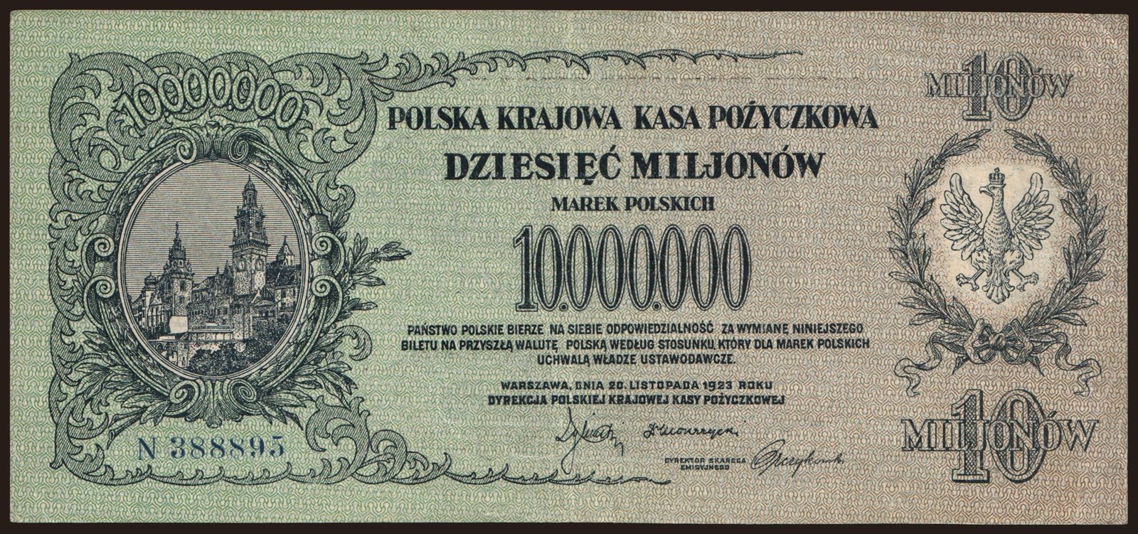 Аверс банкноты 10000000 марок (Польша) 1923 года