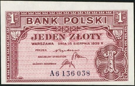 Аверс банкноты 1 złoty „Rząd Polski na Uchodźstwie w czasie II wojny światowej” (Polska) 1939