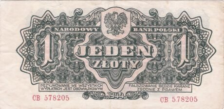 Аверс банкноты 1 złoty (Polska) 1944