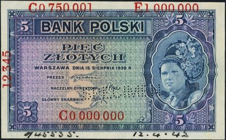 Аверс банкноты 5 złotych „Rząd Polski na Uchodźstwie w czasie II wojny światowej” (Polska) 1939