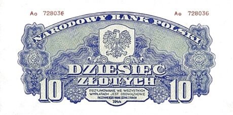 Аверс банкноты 10 złotych (Polska) 1944