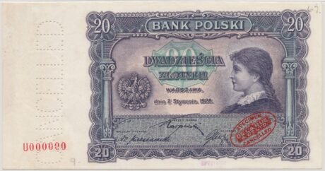 Аверс банкноты 20 злотых (Польша) 1928 года