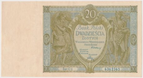 Аверс банкноты 20 злотых (Польша) 1929 года
