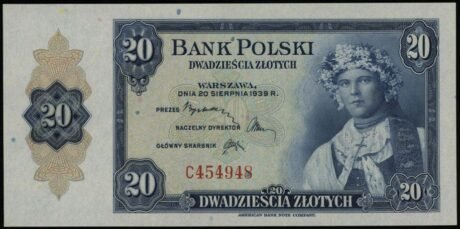 Аверс банкноты 20 злотых 