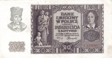 Аверс банкноты 20 злотых 