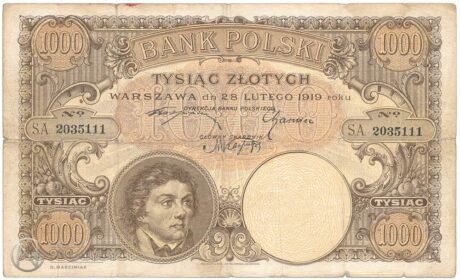 Аверс банкноты 1000 злотых (Польша) 1919 года