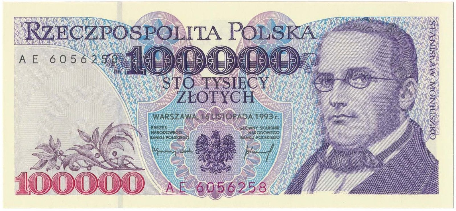 Аверс банкноты 100000 злотых (Польша) 1993 года