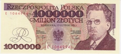 Аверс банкноты 1000000 злотых (Польша) 1991 года