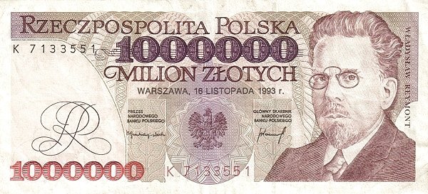 Аверс банкноты 1000000 злотых (Польша) 1993 года