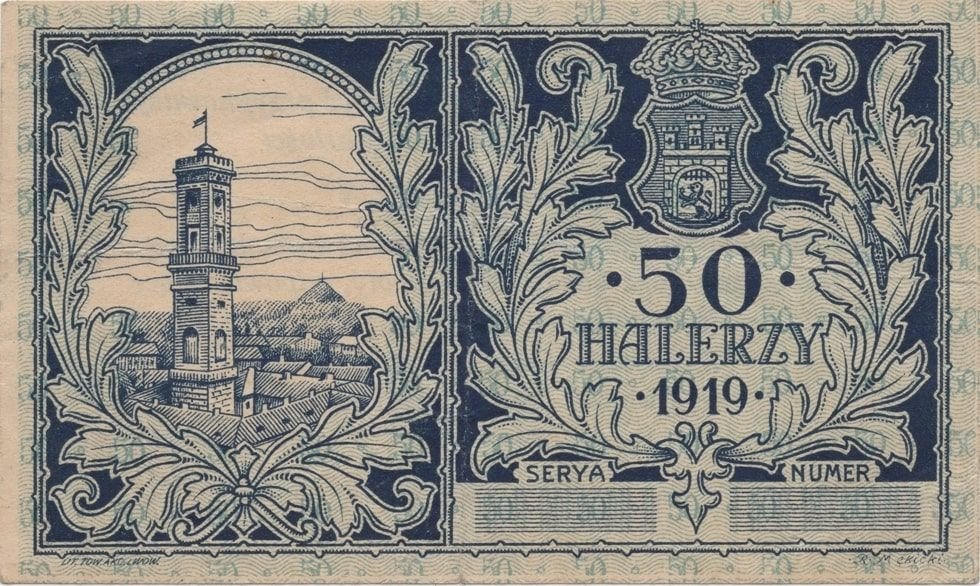 Аверс банкноты 50 Хеллер Львов (Польша) 1919 года