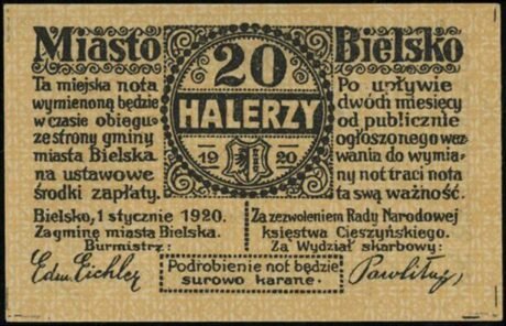 Аверс банкноты 20 галержей «Bielsko» (Польша) 1920 года