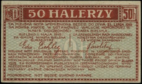 Аверс банкноты 50 галержей «Bielsko» (Польша) 1919 года