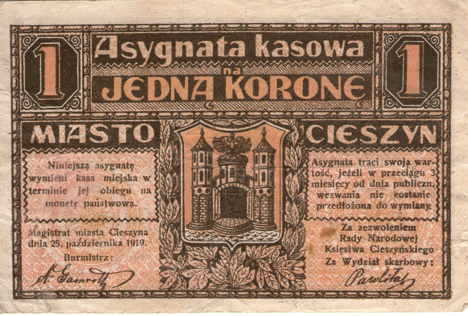 Аверс банкноты 1 крона Miasto Cieszyn - Stadt Teschen (Польша) 1919 года