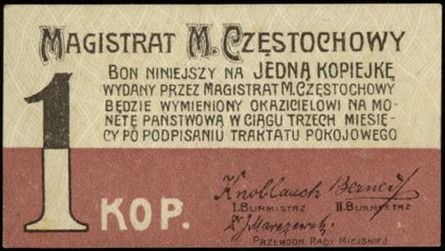 Аверс банкноты Moneta 1 kopiejka "Magistrat Gminy Częstochowa" (Polska) 1916
