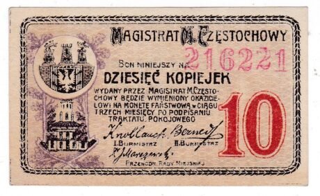 Аверс банкноты 10 kopiejek Magistrat Miasta Częstochowy (Polska) 1916