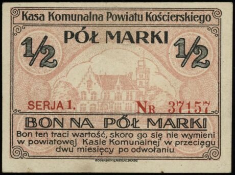 Аверс банкноты 1/2 марка Косцерски (Польша) 1920 года