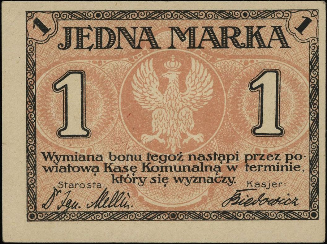 Реверс банкноты 1 марка Косцерски (Польша) 1920 года