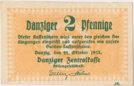 Аверс банкноты 2 fenigów "Danziger Zentralkasse" (Polska) 1923
