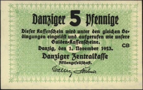 Аверс банкноты 5 пфеннигов «Danziger Zentralkasse» (Польша) 1923 года