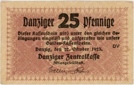 Аверс банкноты 25 fenigów "Danziger Zentralkasse" (Polska) 1923
