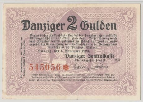 Аверс банкноты 2 guldeny "Danziger Zentralkasse" (Polska) 1923
