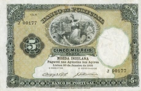 Аверс банкноты 5000 рейс (Португалия) 1905 года