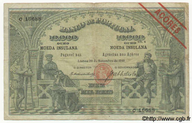 Аверс банкноты 10000 рейс (Португалия) 1910 года