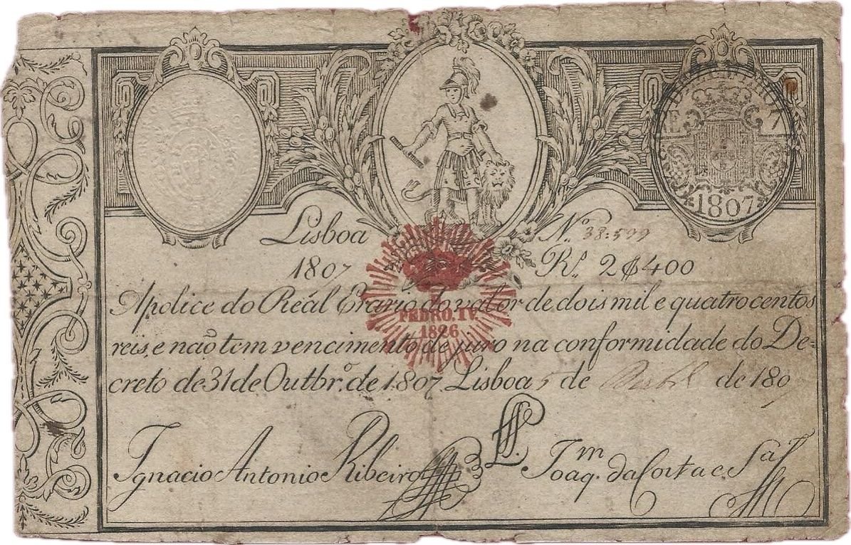 Аверс банкноты 2400 рейс (Португалия) 1826 года