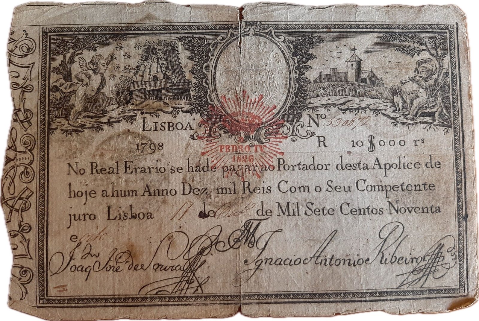 Аверс банкноты 10000 рейс (Португалия) 1826 года