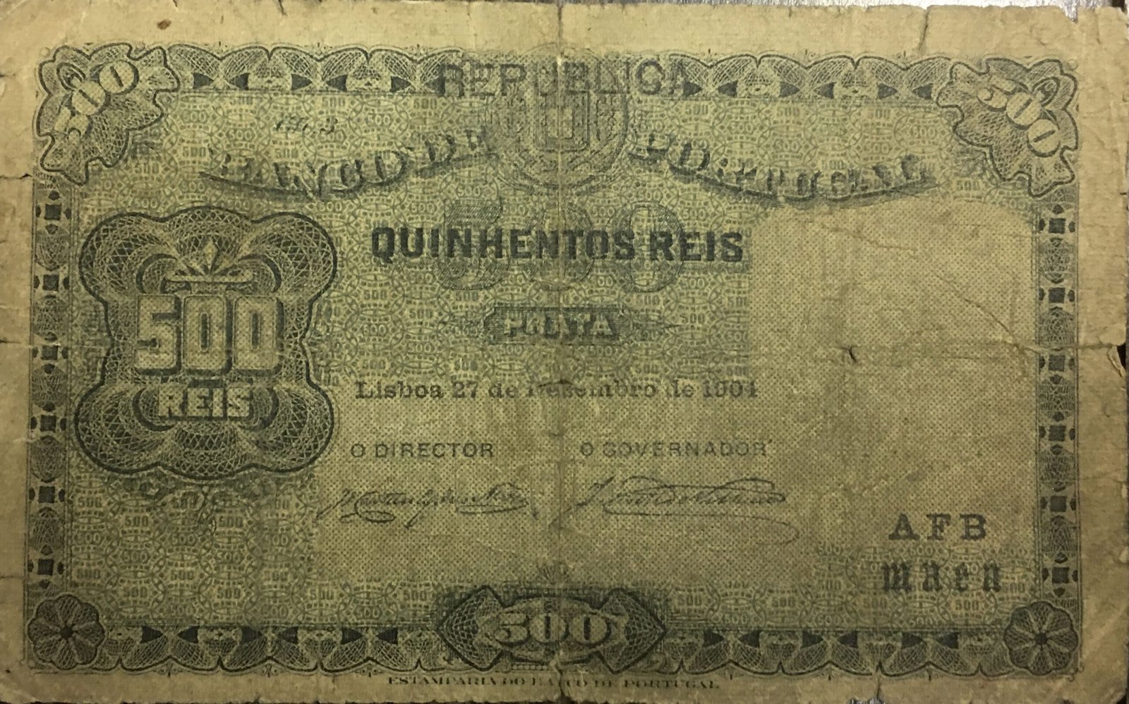 Аверс банкноты 500 рейс (Португалия) 1904 года