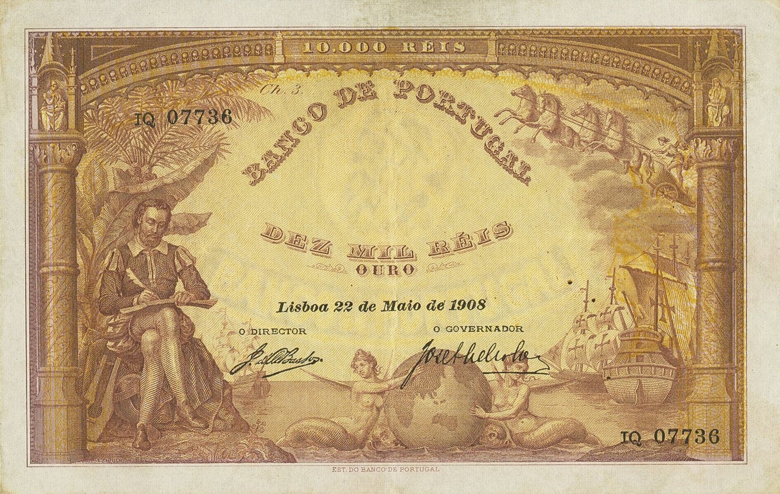 Аверс банкноты 10000 рейс (Португалия) 1902 года