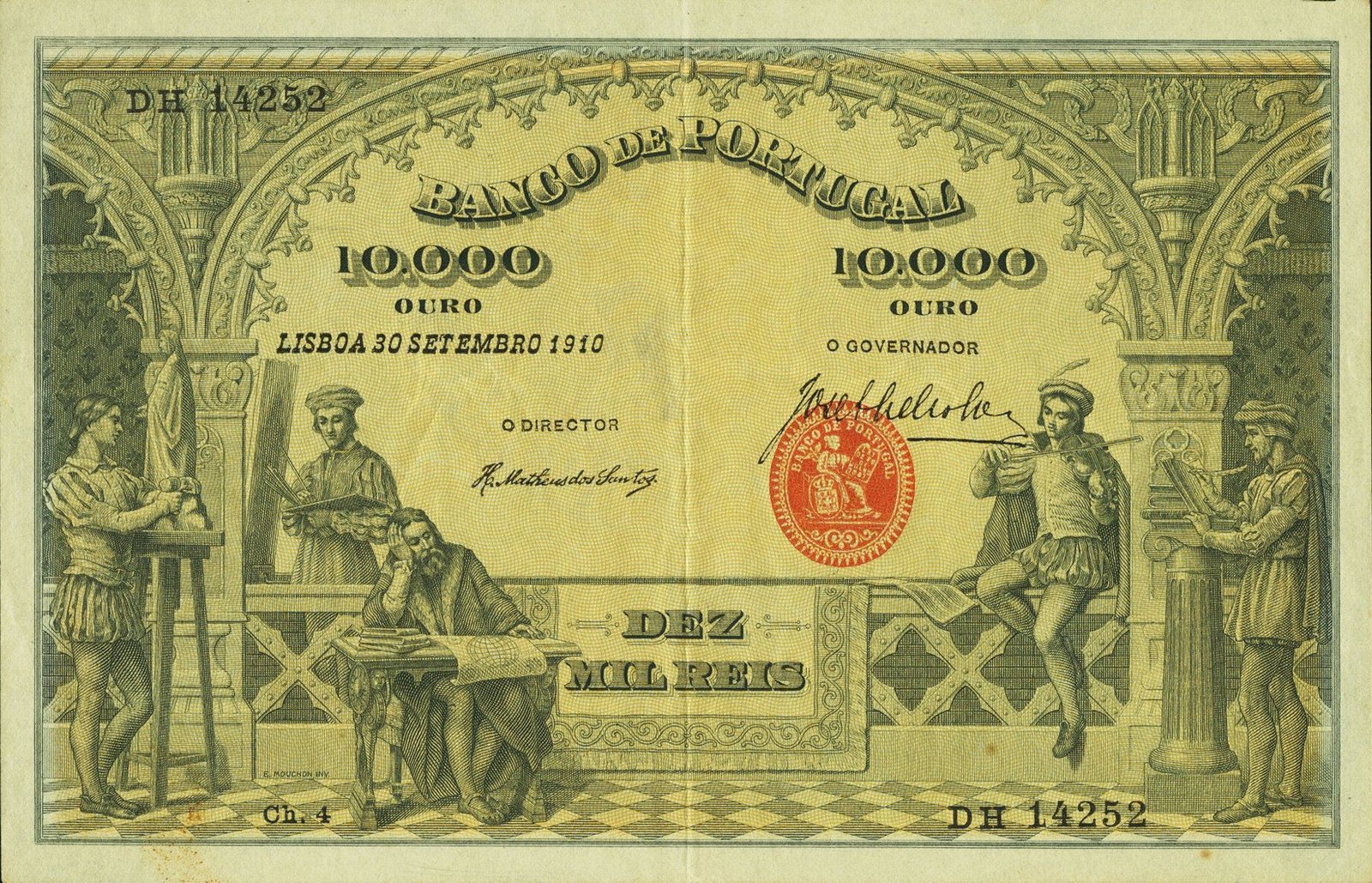 Аверс банкноты 10000 рейс (Португалия) 1908 года