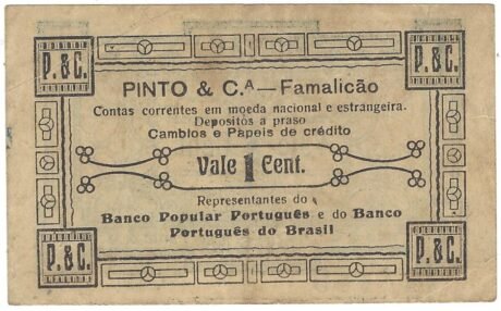 Реверс банкноты 1 centavo „Vila Nova De Famalicão” (Portugalia) 1920