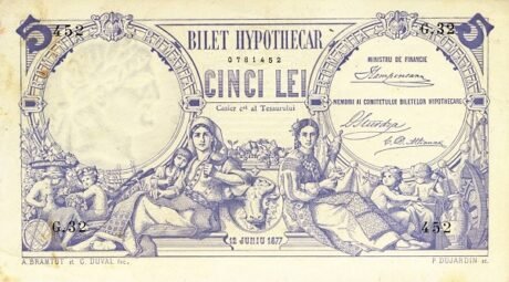 Аверс банкноты 5 lejów (Rumunia) 1877