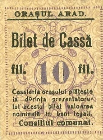 Аверс банкноты 10 filetów "Arad" (Rumunia) 1920