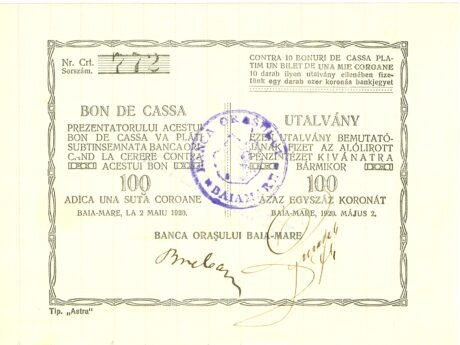 Аверс банкноты 100 koron „Baia Mare” (Rumunia) 1920