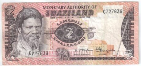 Аверс банкноты 2 эмалангени (Свазиленд) 1974 года
