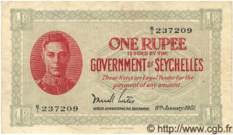 Аверс банкноты 1 rupia – Jerzy VI (Seszele) 1943