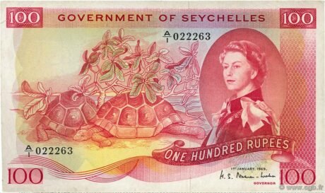 Аверс банкноты 100 rupii (Seszele) 1968