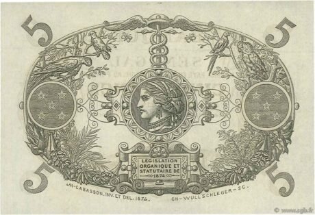 Реверс банкноты 5 франков (Сенегал) 1874 года