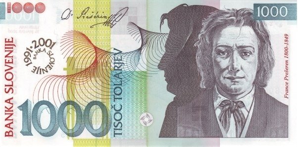 Аверс банкноты 1000 толаров 10 Years Bank of Slovenia (Словения) 2001 года