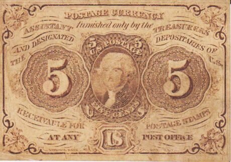 Аверс банкноты 5 центов "Postage Currency" — 1st issue (Соединенные Штаты Америки) 1862 года