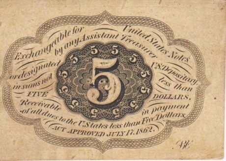 Реверс банкноты 5 центов "Postage Currency" — 1st issue (Соединенные Штаты Америки) 1862 года