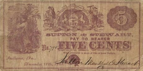 Аверс банкноты 5 центов Sutton and Stewart (Соединенные Штаты Америки) 1862 года
