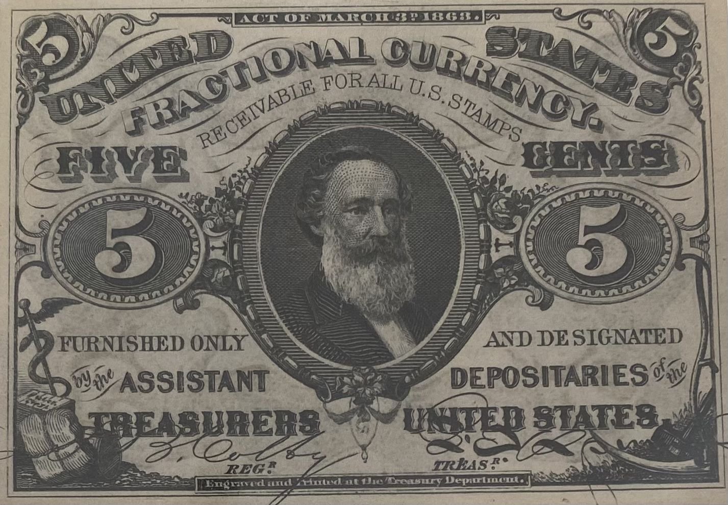 Аверс банкноты 5 центов "Fractional Currency" - 3rd series (Соединенные Штаты Америки) 1863 года