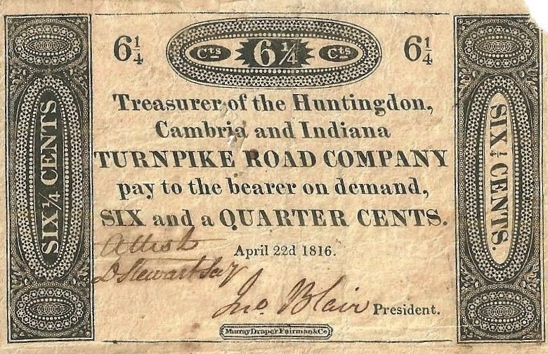 Аверс банкноты 6¼ центов Huntingdon, Cambria and Indiana Turnpike Road Company (Соединенные Штаты Америки) 1816 года