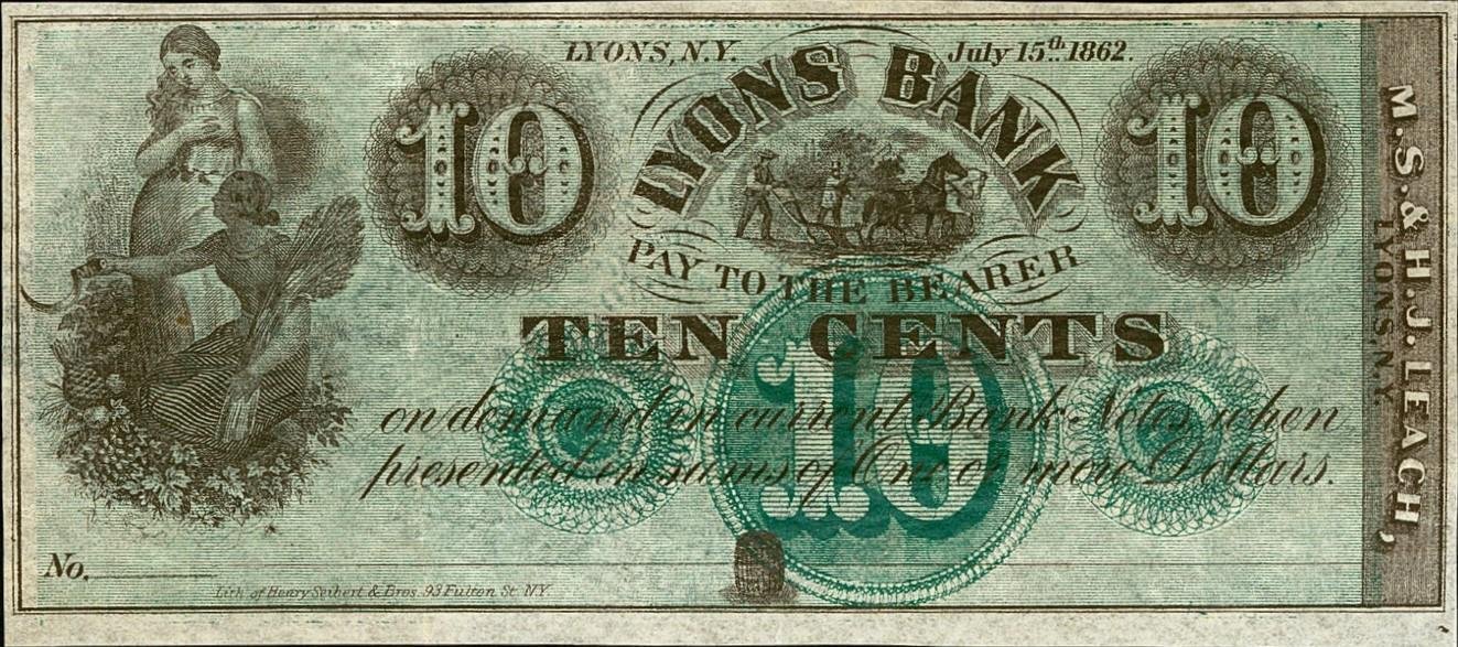 Аверс банкноты 10 центов Lyons Bank (Соединенные Штаты Америки) 1862 года