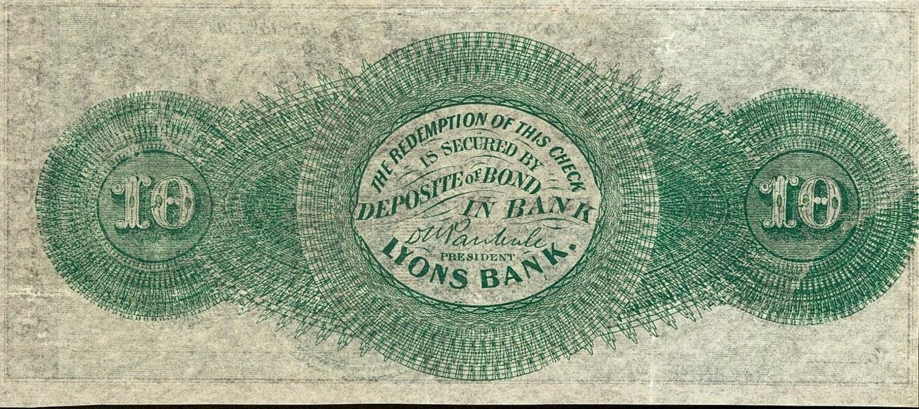 Реверс банкноты 10 центов Lyons Bank (Соединенные Штаты Америки) 1862 года