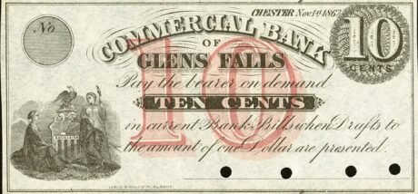 Аверс банкноты 10 центов Commercial Bank of Glens Falls (Соединенные Штаты Америки) 1862 года